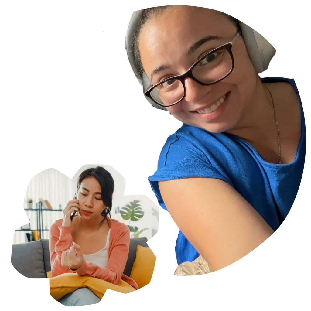 Collage of founder, Helen, smiling at camera and woman using phone to contact Ask Counselling
