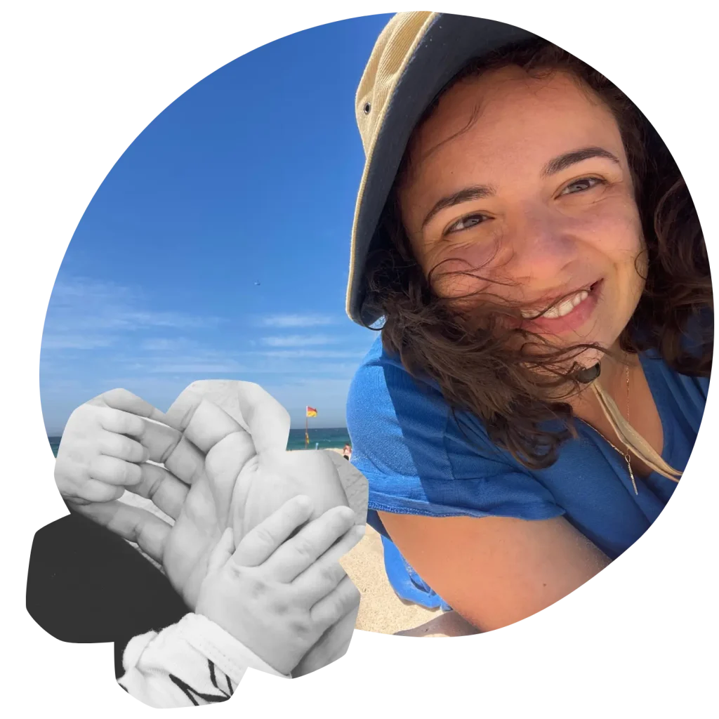 Collage of happy woman on the beach and two hands holding
