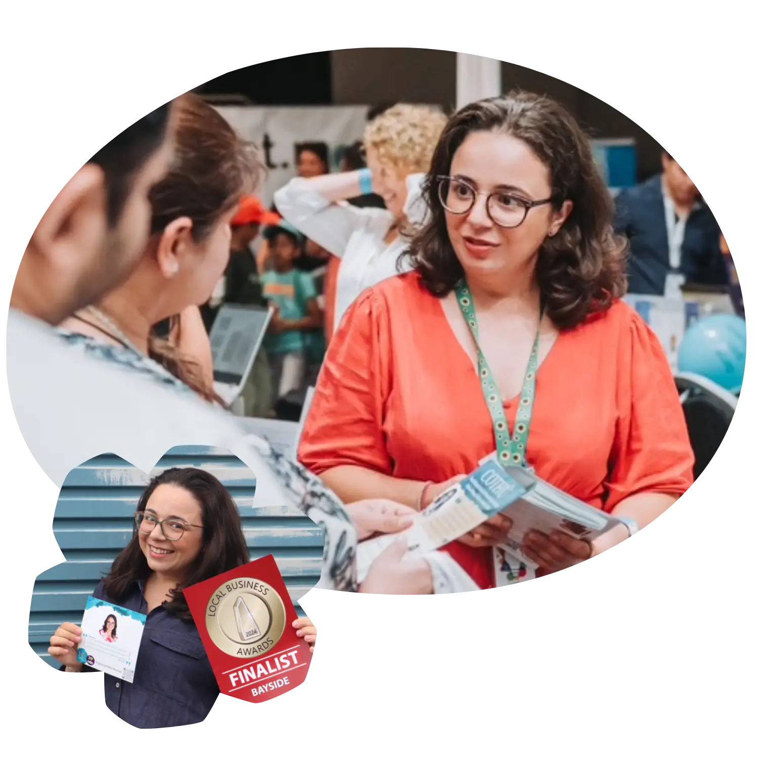 Collage of founder, Helen, at conference and second image of Helen holding up awards